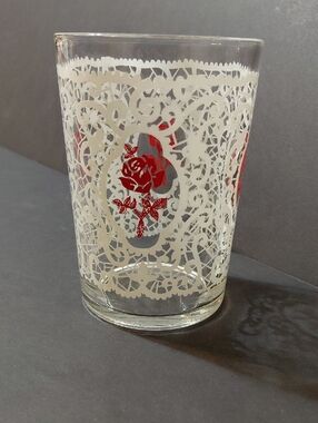 Vintage 1970s Nutella Ferrero Red Rose & White Merlotto Lace Embroidered Glass